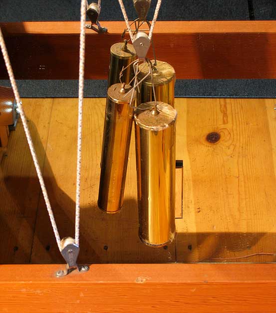 Curtis uses cuckoo clock weights to adjust the height of the painting